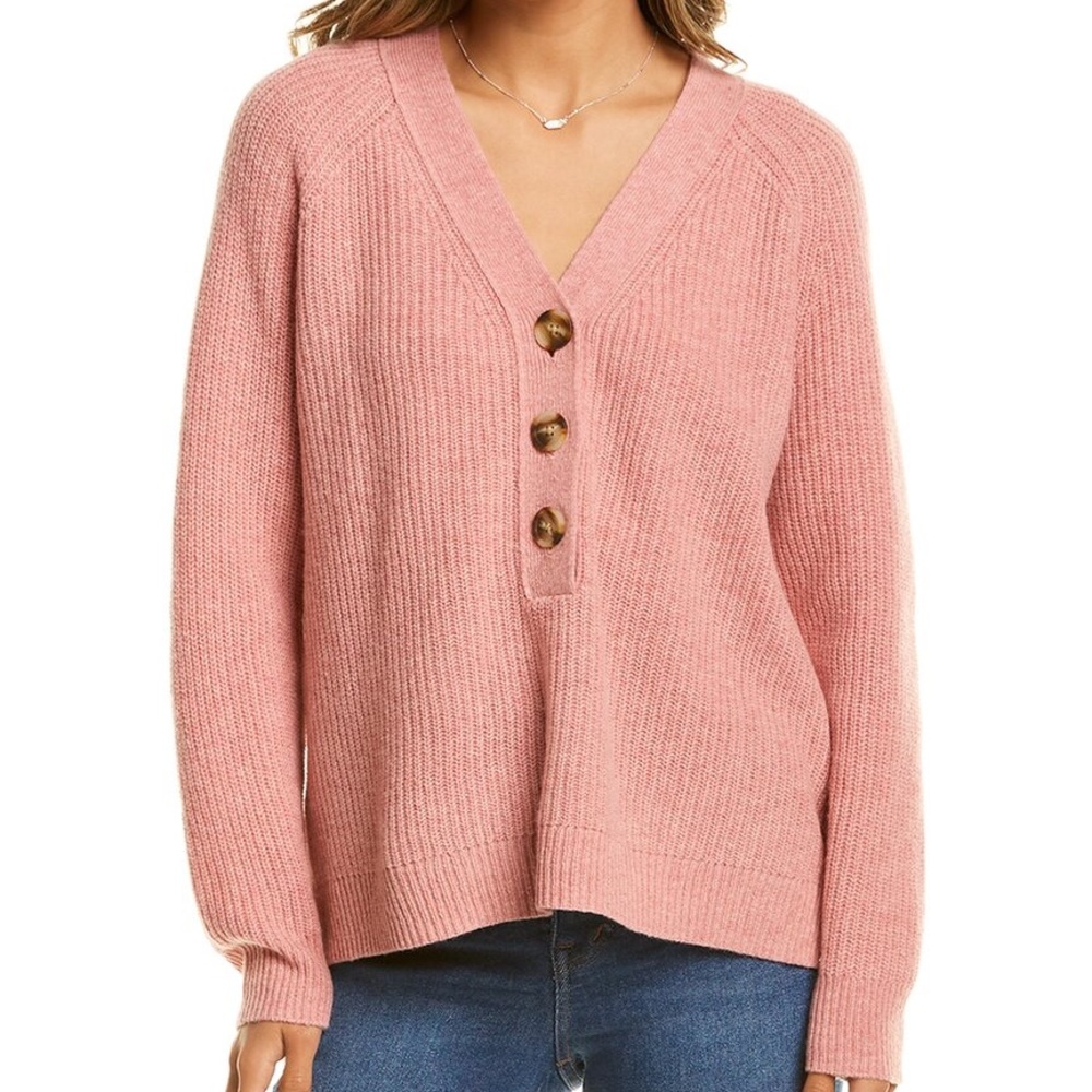 Madewell Pink V-Neck Button Pullover Sweater